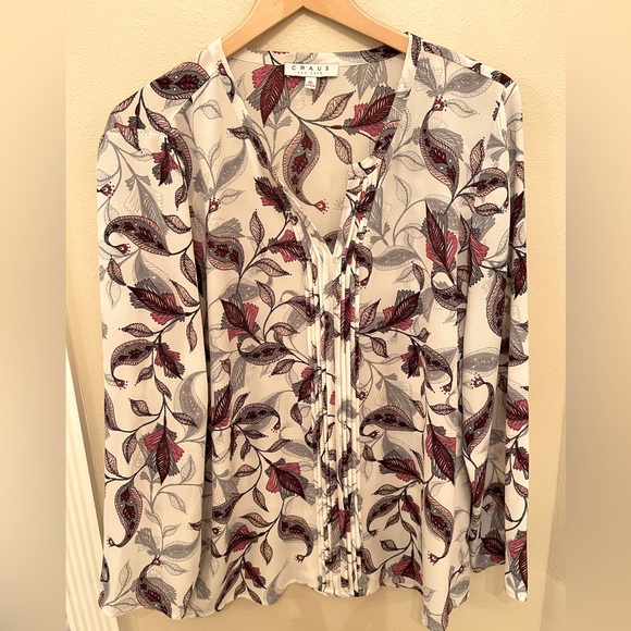 Chaus Tops - Women’s Blouse Size XL White with Red and Grey leaf pattern